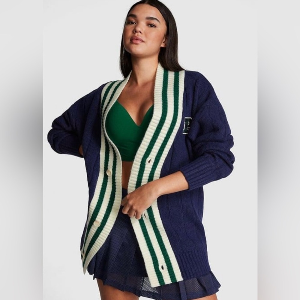 PINK Victoria's Secret NWT Navy and Cream Green Cardigan Size L